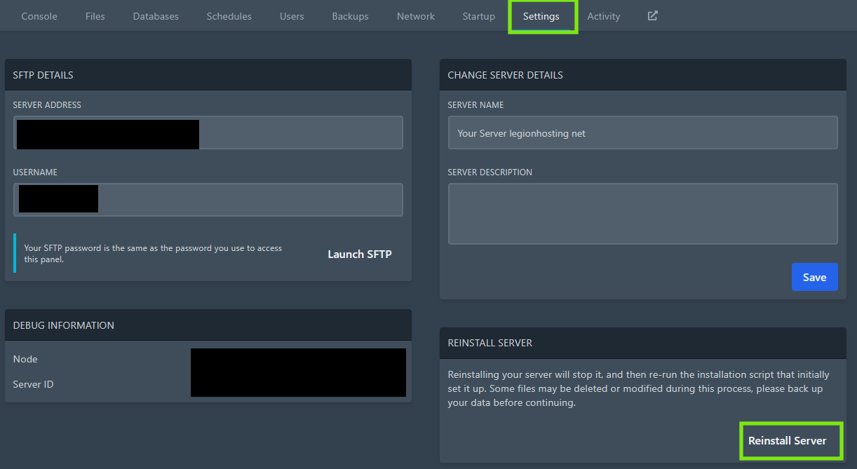 Reinstall server button location